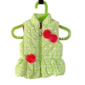Kids Headquarters Lime Green Hearts Pink Roses Peplum Puffer Vest Size 12 Months